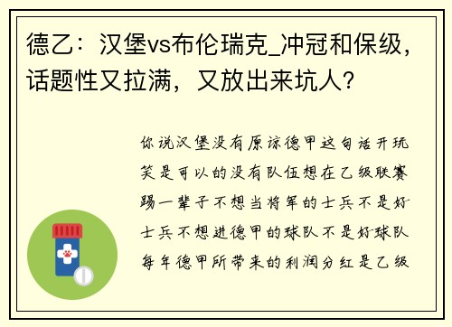 德乙：汉堡vs布伦瑞克_冲冠和保级，话题性又拉满，又放出来坑人？